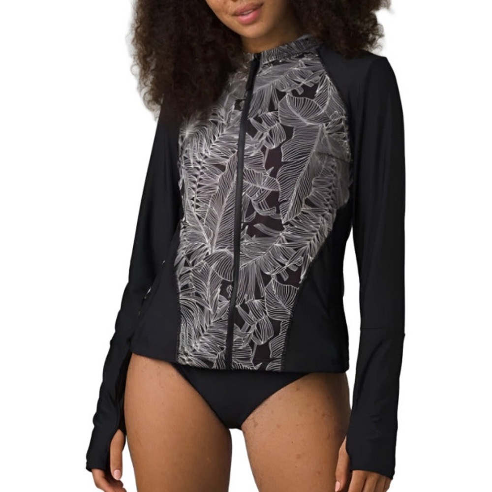 Prana Edge Wave Full Zip Sun Top Hoodie Black Fronds Colorblock Leaf Print L